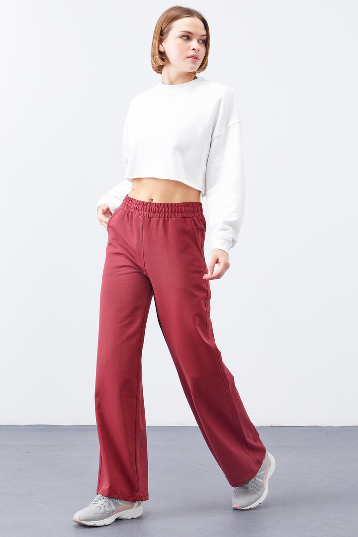 TMY Burgundy High Waist Pocketed Comfort Fit Wide Leg Women's Sweatpants - 94567 - Albany