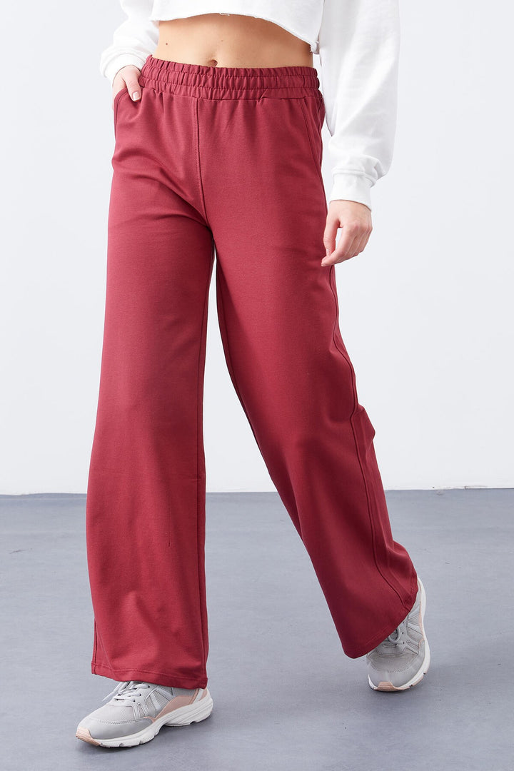 TMY Burgundy High Waist Pocketed Comfort Fit Wide Leg Women's Sweatpants - 94567 - Albany
