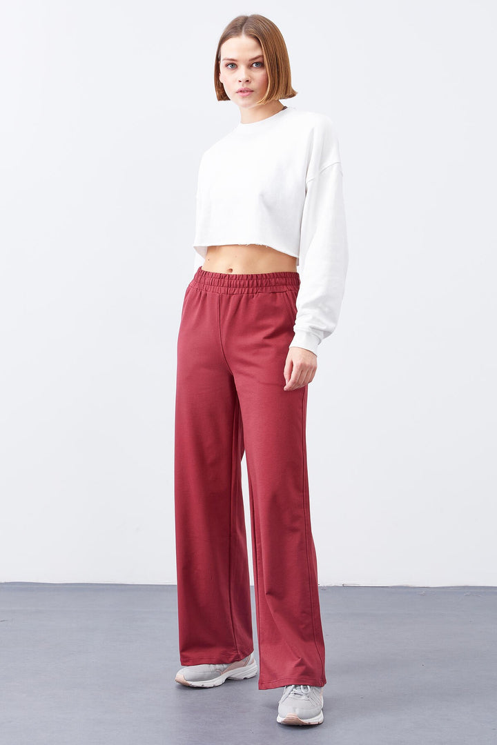 TMY Burgundy High Waist Pocketed Comfort Fit Wide Leg Women's Sweatpants - 94567 - Albany