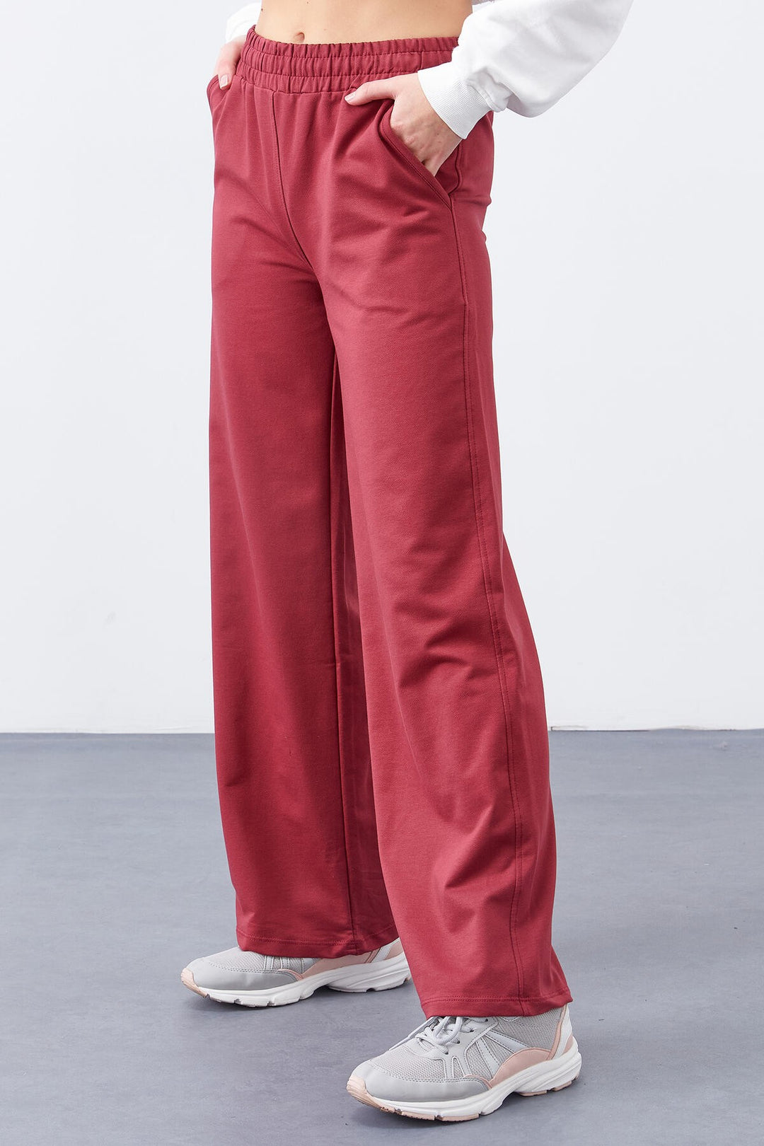 TMY Burgundy High Waist Pocketed Comfort Fit Wide Leg Women's Sweatpants - 94567 - Albany