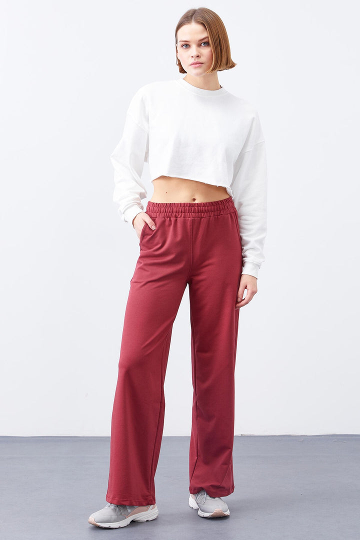 TMY Burgundy High Waist Pocketed Comfort Fit Wide Leg Women's Sweatpants - 94567 - Albany