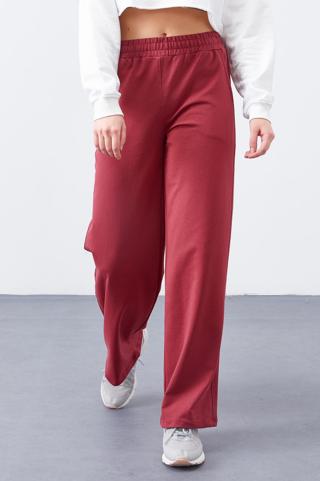 TMY Burgundy High Waist Pocketed Comfort Fit Wide Leg Women's Sweatpants - 94567 - Albany