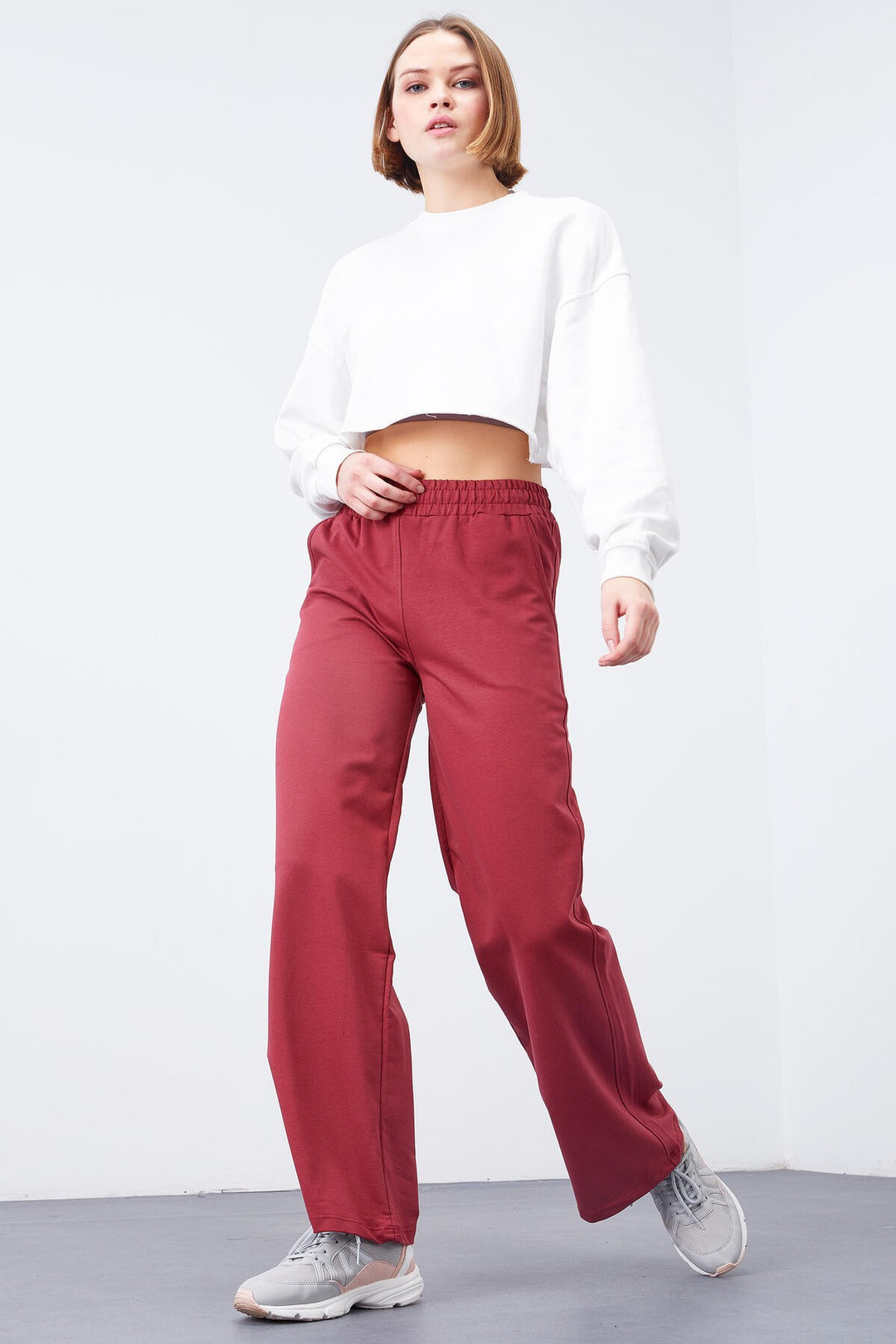TMY Burgundy High Waist Pocketed Comfort Fit Wide Leg Women's Sweatpants - 94567 - Albany