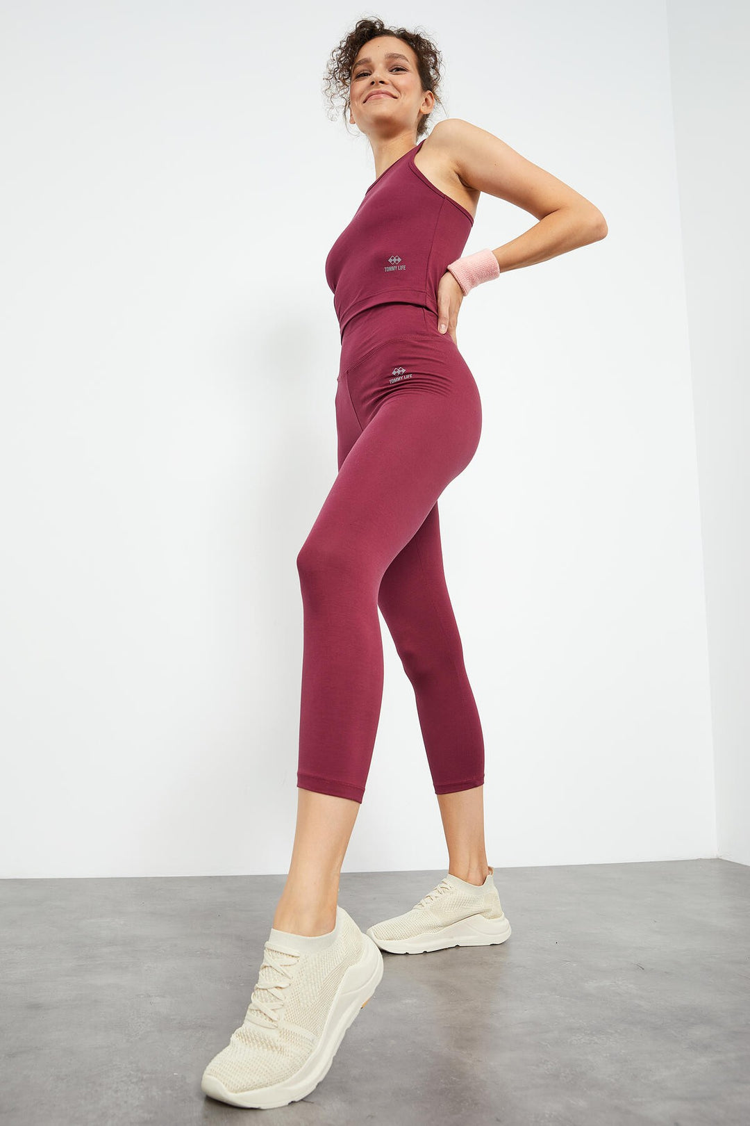 TMY Burgundy High Waist Capri-Crop Tank Top Slim Fit Women's Leggings Set - 95284 - Dubno