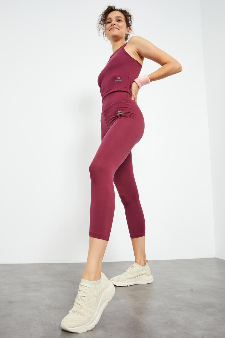 TMY Burgundy High Waist Capri-Crop Tank Top Slim Fit Women's Leggings Set - 95284 - Dubno