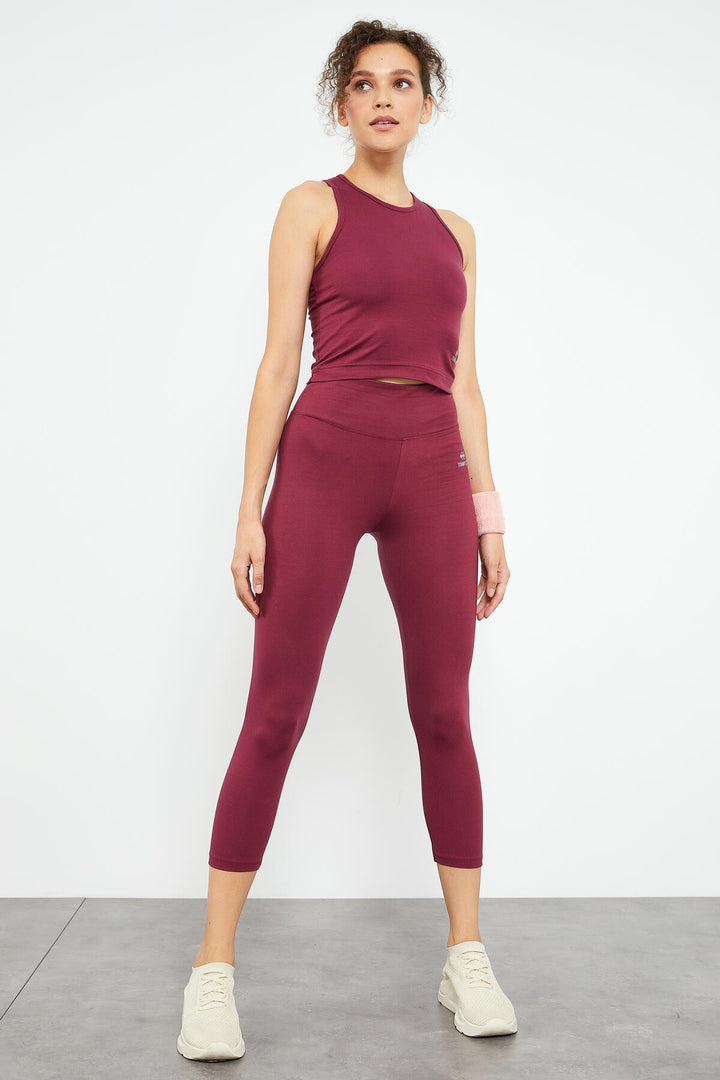 TMY Burgundy High Waist Capri-Crop Tank Top Slim Fit Women's Leggings Set - 95284 - Dubno