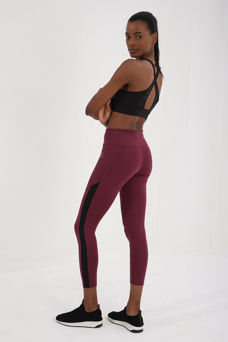 TMY Burgundy High Waist Shaping Tape Detailed Slim Fit Skinny Leg Women's Leggings - 94542 - Leeds