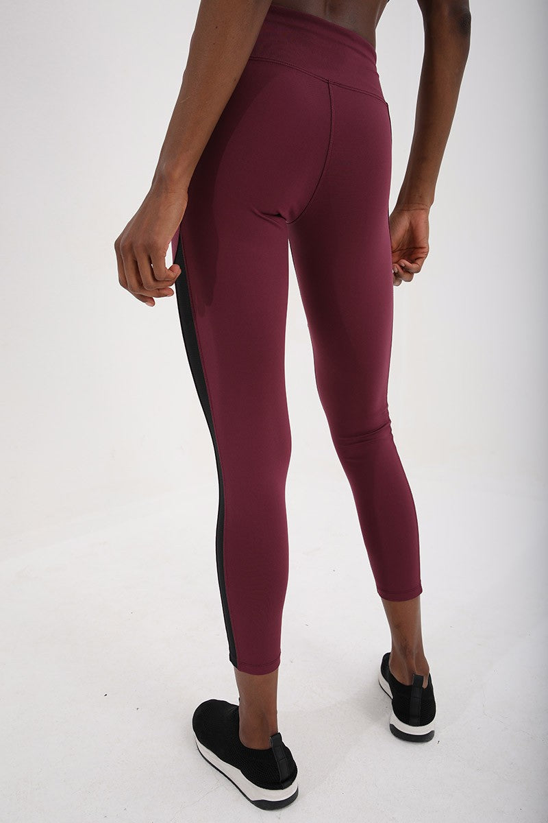 TMY Burgundy High Waist Shaping Tape Detailed Slim Fit Skinny Leg Women's Leggings - 94542 - Leeds
