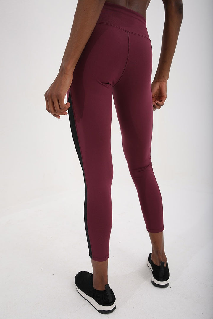 TMY Burgundy High Waist Shaping Tape Detailed Slim Fit Skinny Leg Women's Leggings - 94542 - Leeds