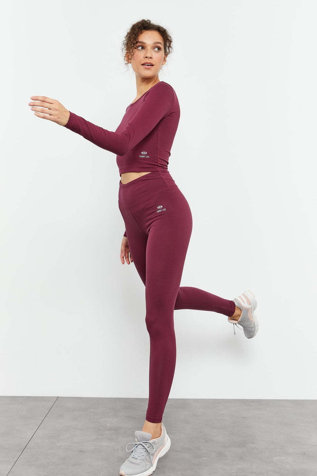 TMY Burgundy High Waist Long Sleeve Slim Fit Crop Top Women Leggings Set - 95286 - Timmins