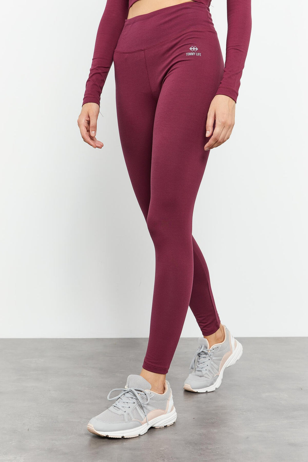 TMY Burgundy High Waist Long Sleeve Slim Fit Crop Top Women Leggings Set - 95286 - Timmins