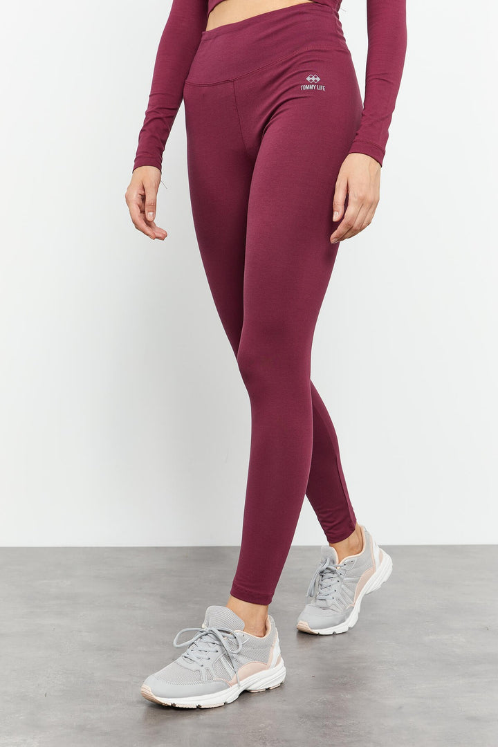 TMY Burgundy High Waist Long Sleeve Slim Fit Crop Top Women Leggings Set - 95286 - Timmins