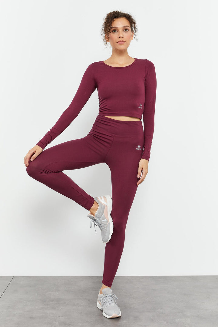 TMY Burgundy High Waist Long Sleeve Slim Fit Crop Top Women Leggings Set - 95286 - Timmins