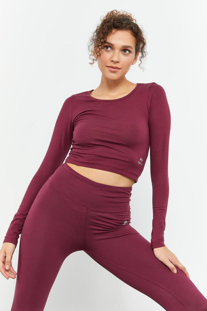 TMY Burgundy High Waist Long Sleeve Slim Fit Crop Top Women Leggings Set - 95286 - Timmins