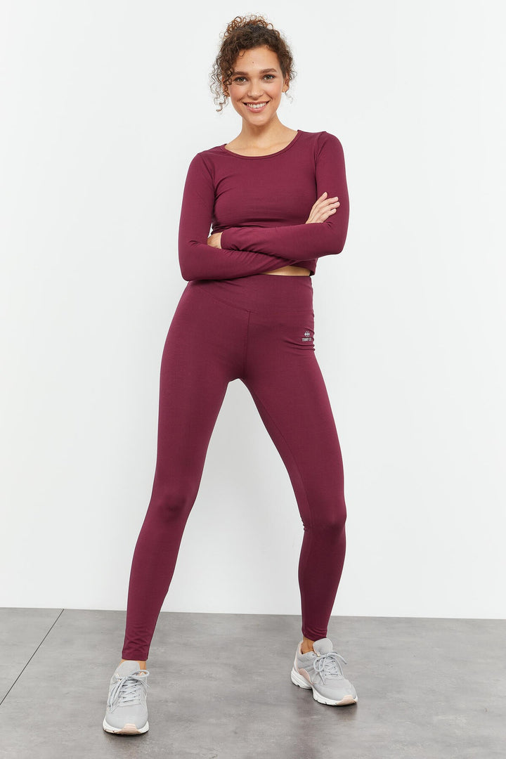 TMY Burgundy High Waist Long Sleeve Slim Fit Crop Top Women Leggings Set - 95286 - Timmins