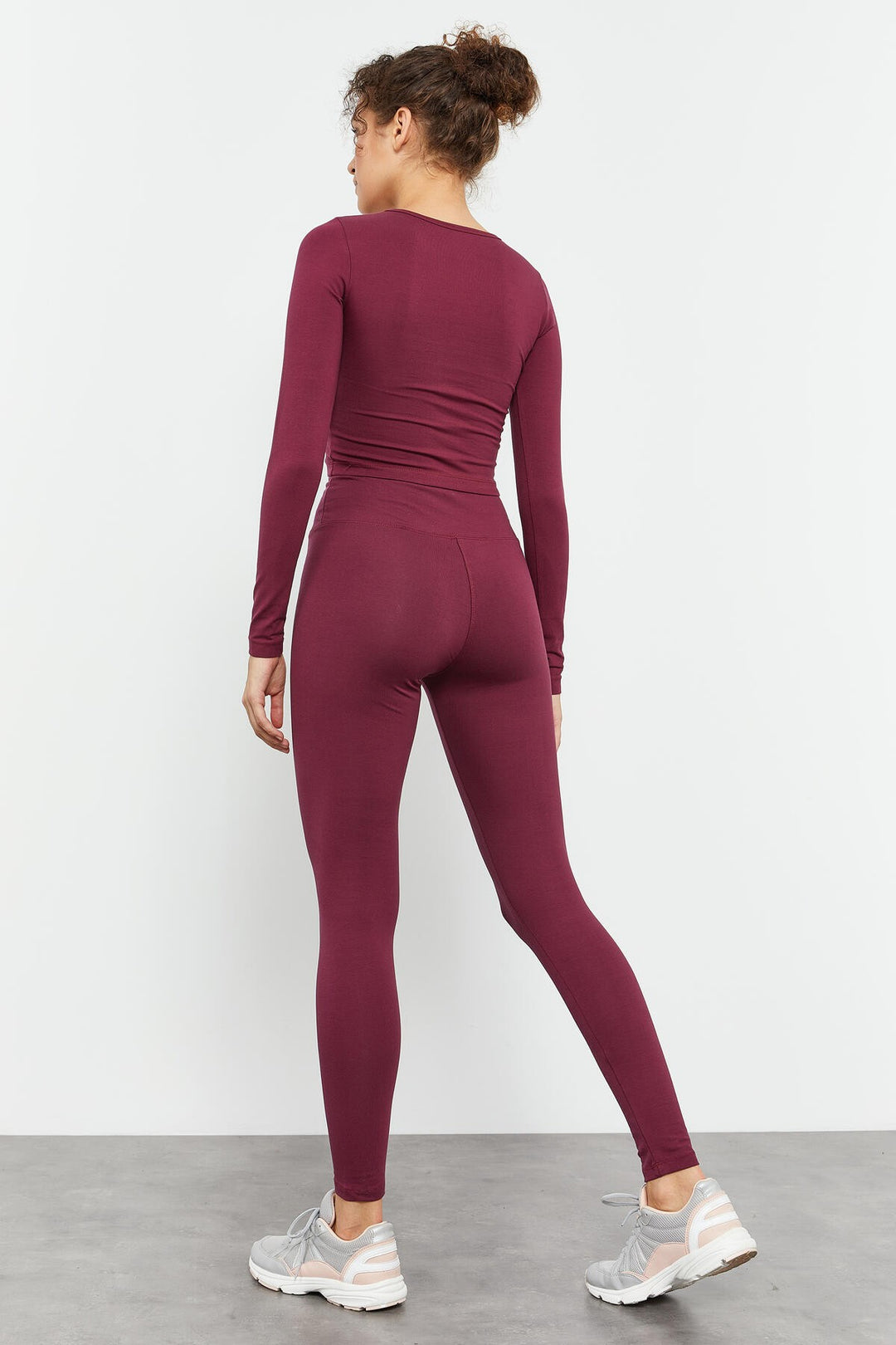 TMY Burgundy High Waist Long Sleeve Slim Fit Crop Top Women Leggings Set - 95286 - Timmins