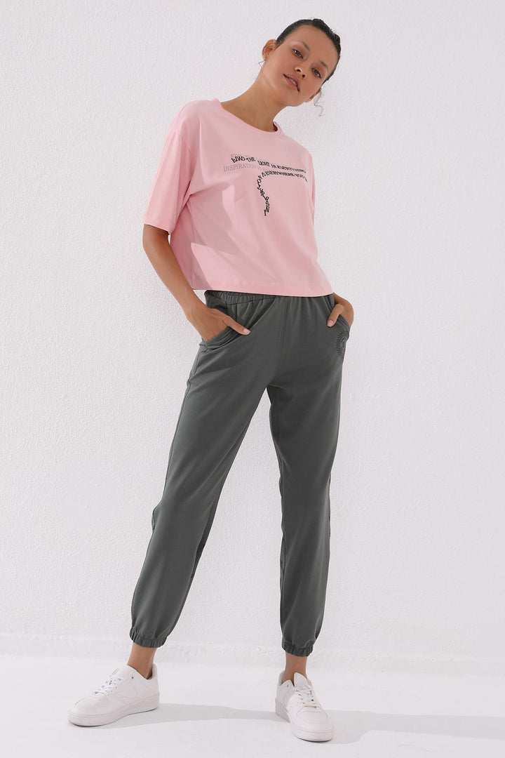 TMY Çağla Printed Comfort Fit Elastic Cuff Women's Sweatpants - 94585 - Pontiac