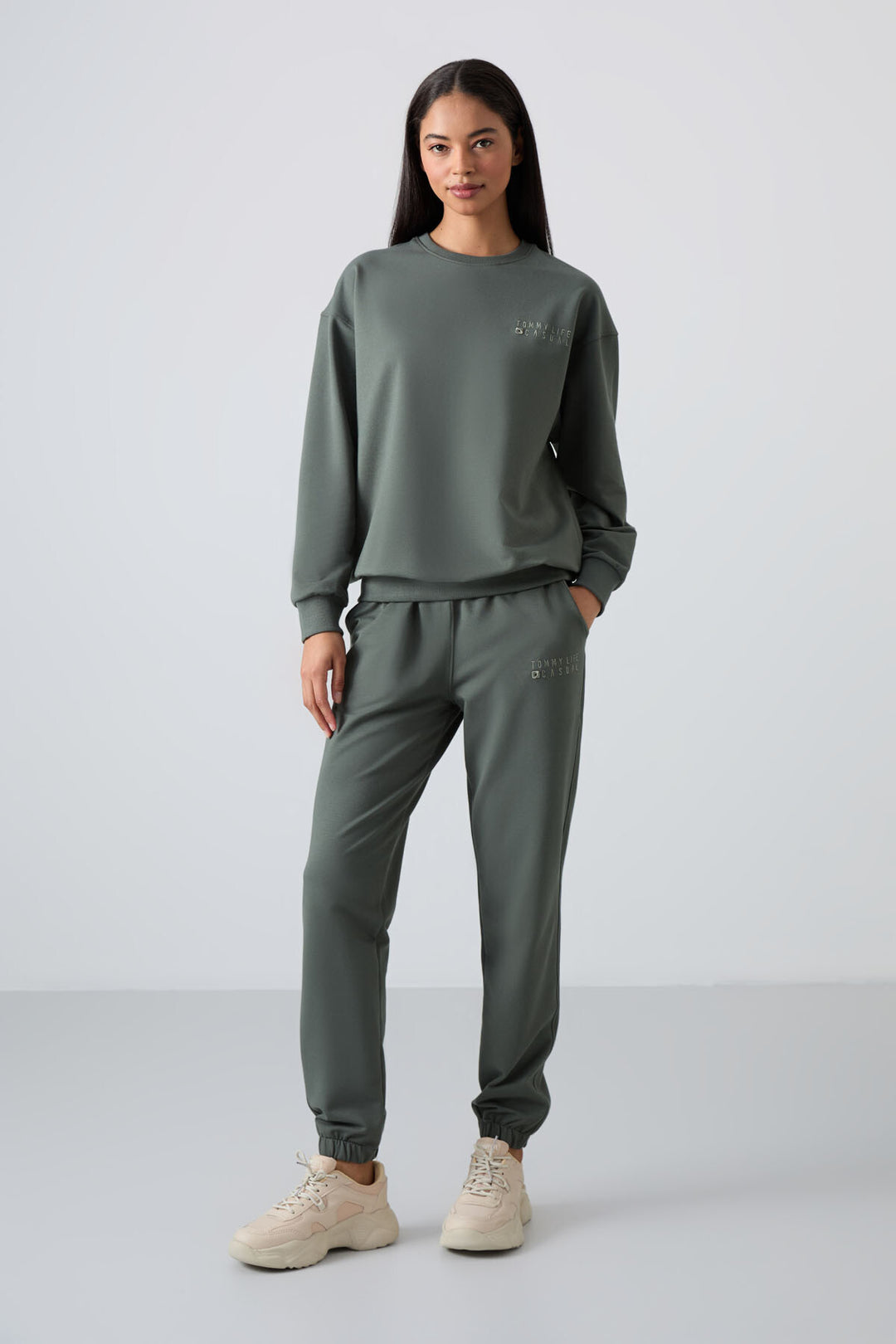 TMY Çağla O Neck Oversized Elastic Cuff Women's Tracksuit Set - 95287 - Cassino