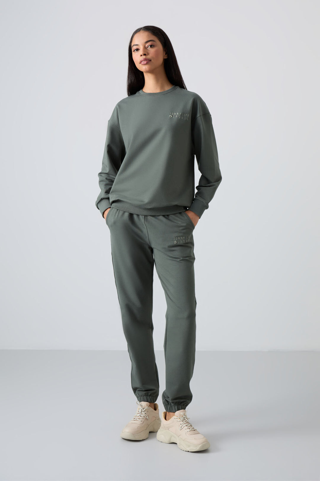 TMY Çağla O Neck Oversized Elastic Cuff Women's Tracksuit Set - 95287 - Cassino