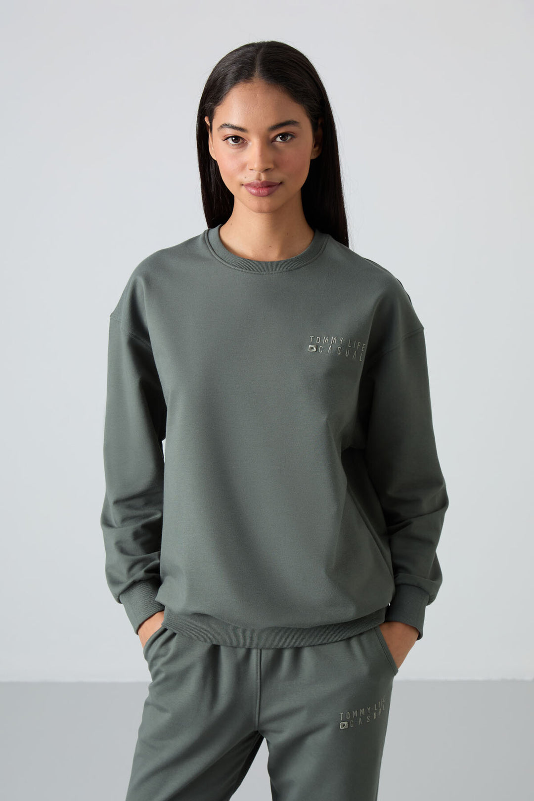 TMY Çağla O Neck Oversized Elastic Cuff Women's Tracksuit Set - 95287 - Cassino