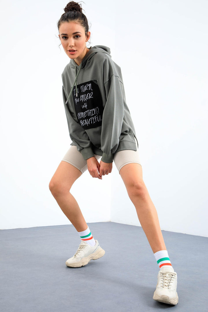 TMY Çağla Summer Woven Patchwork Hooded Women's Oversized Sweatshirt - 97178 - Fairbanks