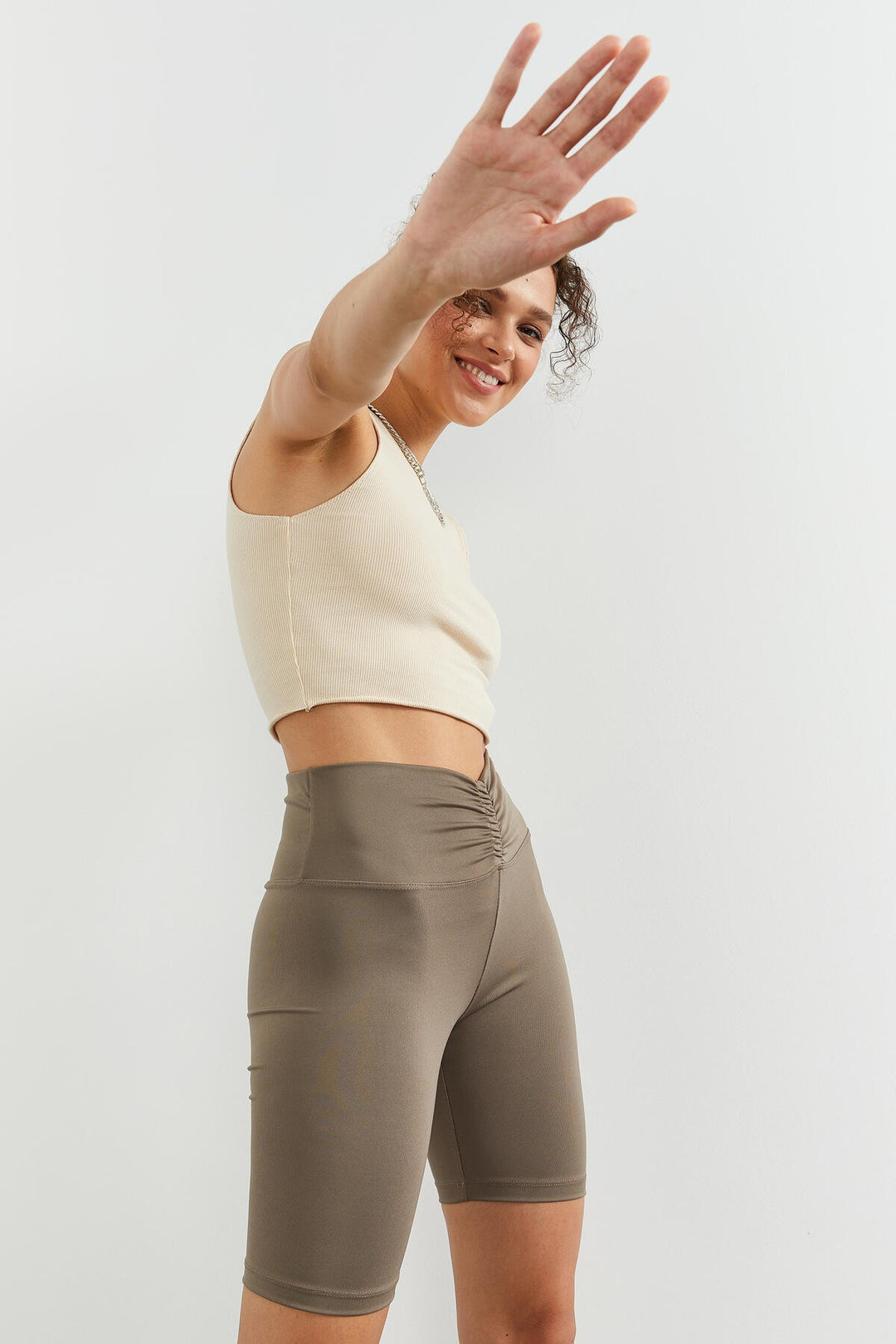 TMY Camel Ruched Detail High Waist Shaping Short Women's Biker Leggings - 91008 - Bismarck