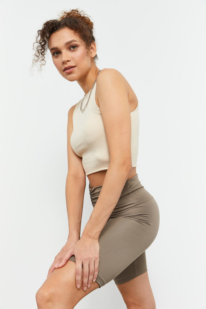 TMY Camel Ruched Detail High Waist Shaping Short Women's Biker Leggings - 91008 - Bismarck