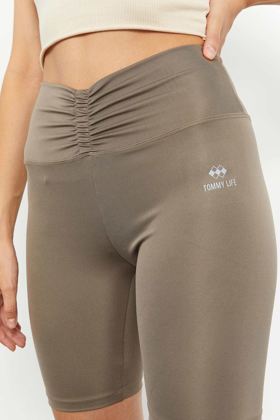TMY Camel Ruched Detail High Waist Shaping Short Women's Biker Leggings - 91008 - Bismarck