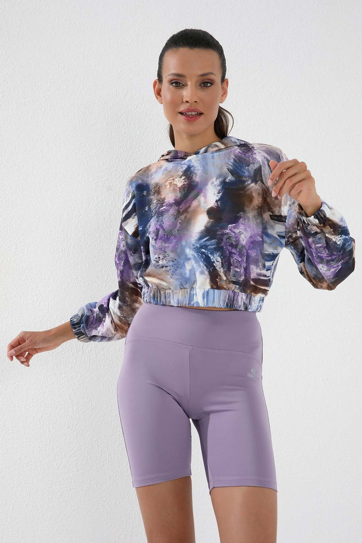 TMY Purple Mixed Tie-Dye Patterned Elastic Hooded Women's Oversized Crop Top Sweatshirt - 97140 - Geneva