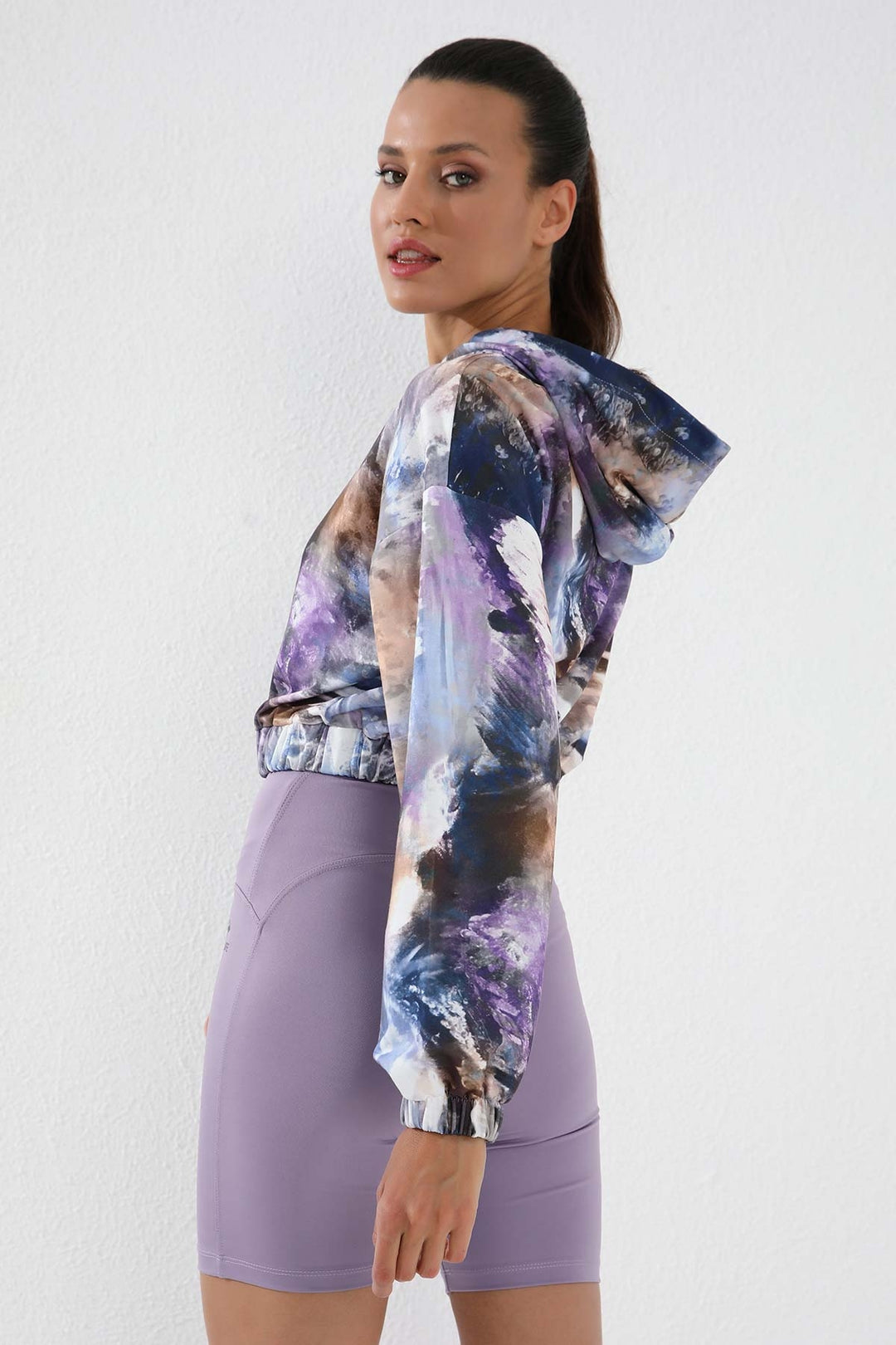 TMY Purple Mixed Tie-Dye Patterned Elastic Hooded Women's Oversized Crop Top Sweatshirt - 97140 - Geneva