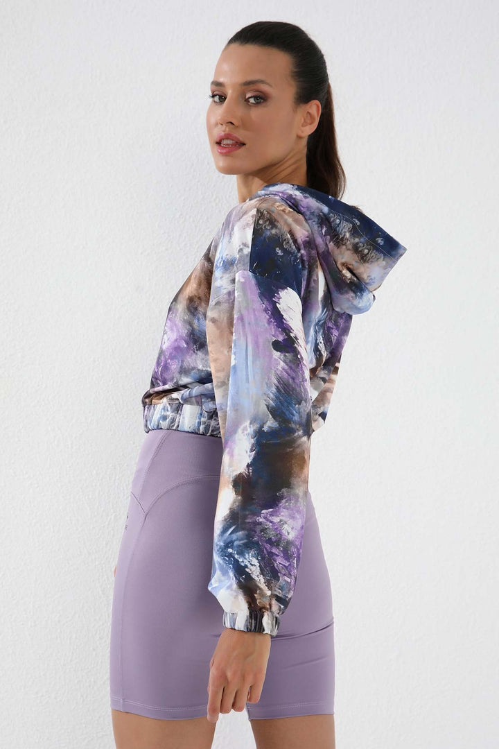 TMY Purple Mixed Tie-Dye Patterned Elastic Hooded Women's Oversized Crop Top Sweatshirt - 97140 - Geneva