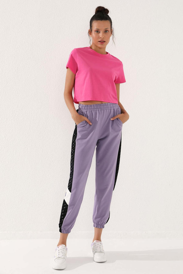 TMY Eflatun Dotted Stripe Detailed Jogger Comfort Fit Elastic Cuff Women's Sweatpants - 94579 - Madera