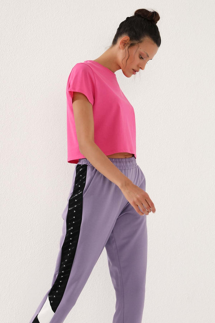 TMY Eflatun Dotted Stripe Detailed Jogger Comfort Fit Elastic Cuff Women's Sweatpants - 94579 - Madera