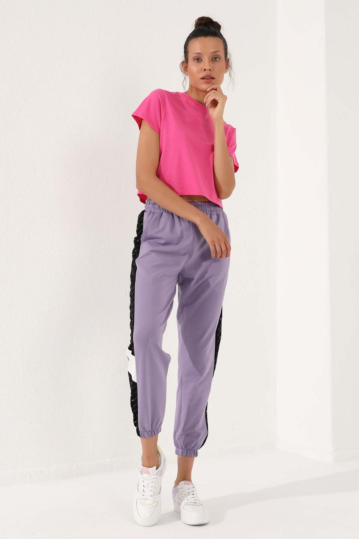 TMY Eflatun Dotted Stripe Detailed Jogger Comfort Fit Elastic Cuff Women's Sweatpants - 94579 - Madera