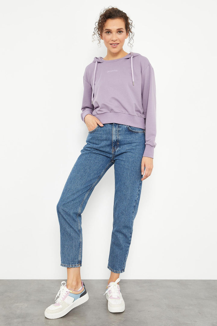 TMY Eflatun Writing Embroidered Hooded Women's Oversize Sweatshirt - 97169 - Niort