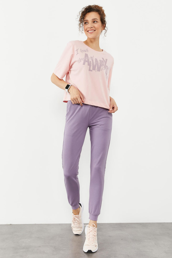 TMY Eflatun Writing Striped Jogger Comfortable Fit Cuffed Women's Sweatpants - 94527 - Myrhorod