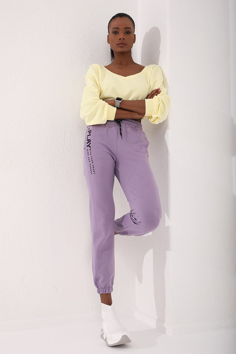 TMY Lilac High Waist Embroidered Comfort Fit Elastic Cuff Women's Sweatpants - 94573 - Mechanicsville