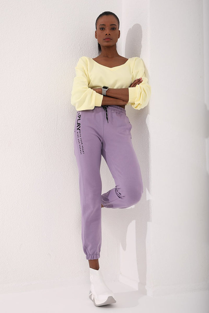 TMY Lilac High Waist Embroidered Comfort Fit Elastic Cuff Women's Sweatpants - 94573 - Mechanicsville