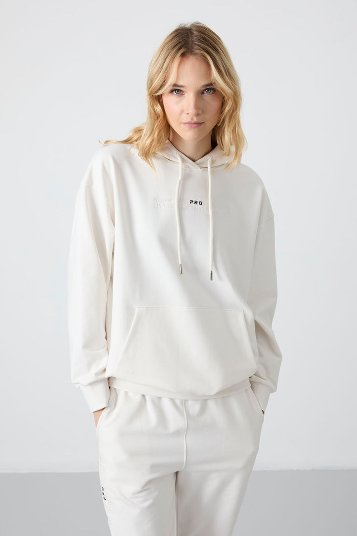 TMY Ecru Hooded Kangaroo Pocket Oversized Elastic Cuff Women's Tracksuit - 95288 - Klaipėda