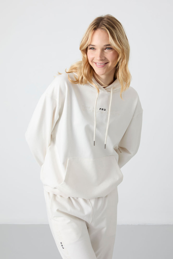 TMY Ecru Hooded Kangaroo Pocket Oversized Elastic Cuff Women's Tracksuit - 95288 - Klaipėda