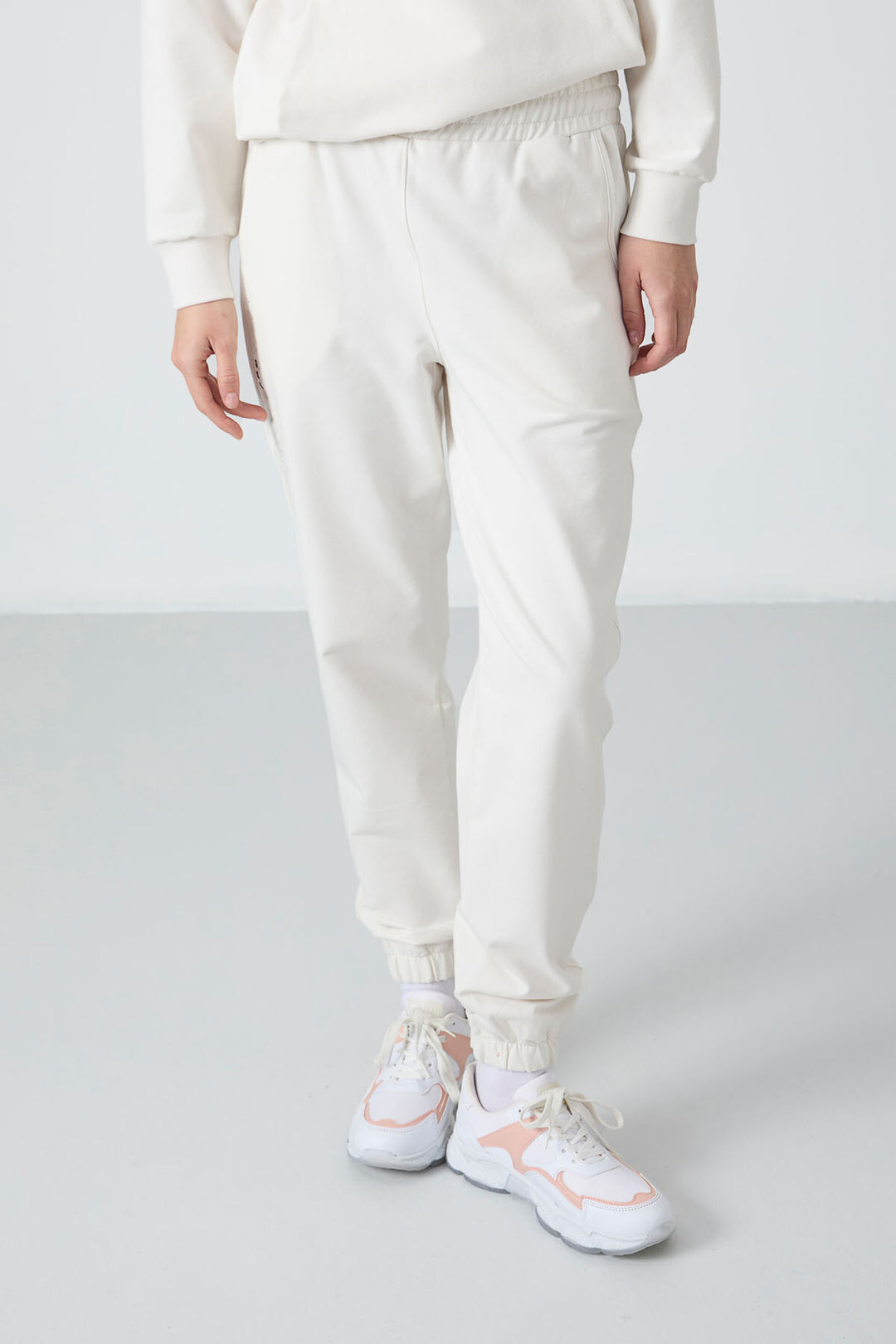 TMY Ecru Hooded Kangaroo Pocket Oversized Elastic Cuff Women's Tracksuit - 95288 - Klaipėda