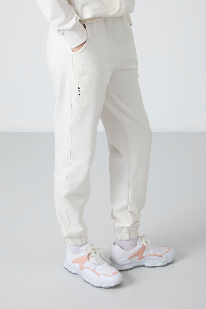 TMY Ecru Hooded Kangaroo Pocket Oversized Elastic Cuff Women's Tracksuit - 95288 - Klaipėda