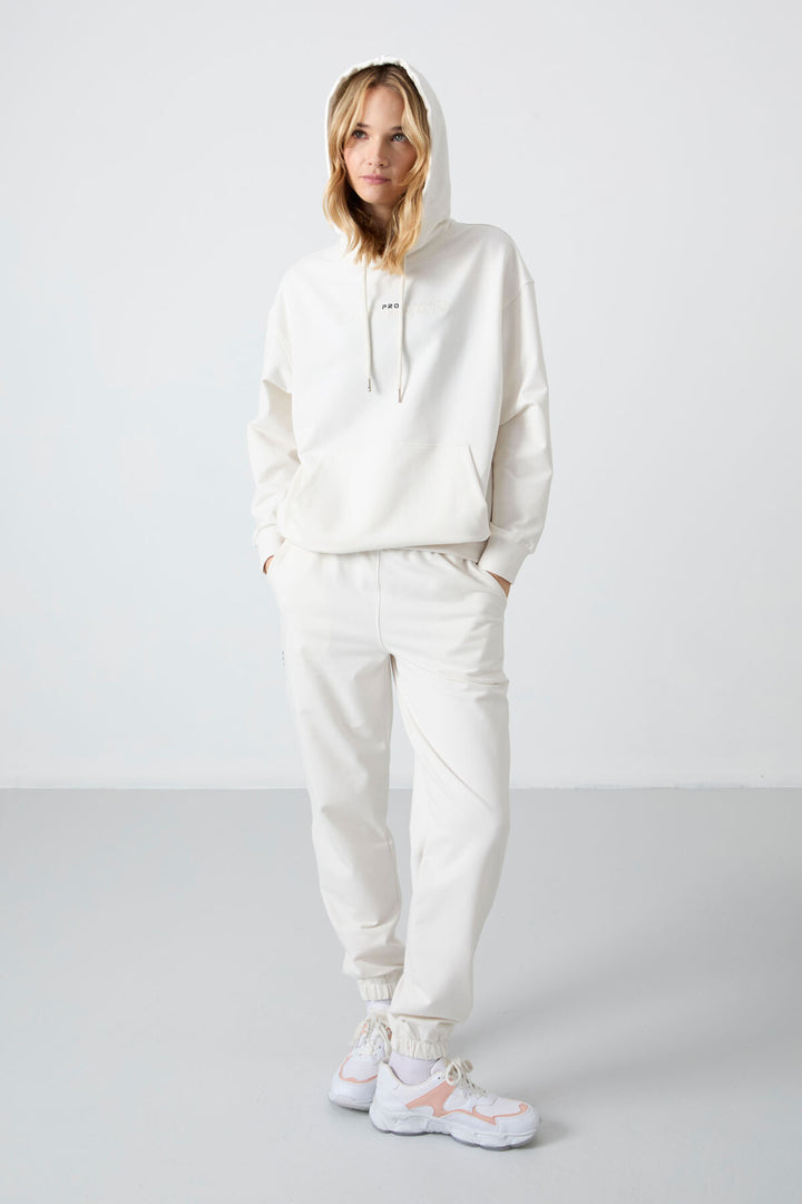 TMY Ecru Hooded Kangaroo Pocket Oversized Elastic Cuff Women's Tracksuit - 95288 - Klaipėda