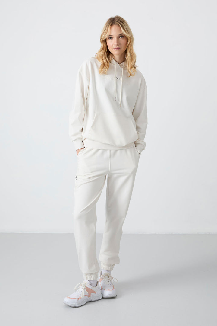TMY Ecru Hooded Kangaroo Pocket Oversized Elastic Cuff Women's Tracksuit - 95288 - Klaipėda