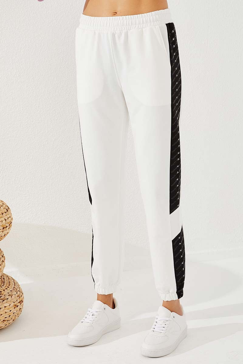 TMY Ecru Dotted Stripe Detailed Jogger Comfort Fit Elastic Cuff Women's Sweatpants - 94579 - Gießen