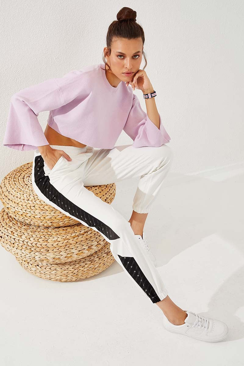 TMY Ecru Dotted Stripe Detailed Jogger Comfort Fit Elastic Cuff Women's Sweatpants - 94579 - Gießen