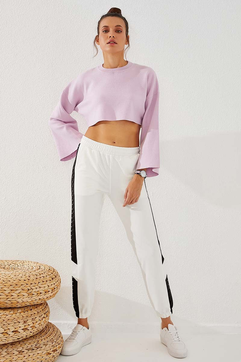 TMY Ecru Dotted Stripe Detailed Jogger Comfort Fit Elastic Cuff Women's Sweatpants - 94579 - Gießen