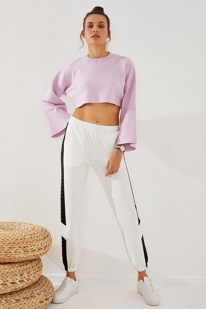 TMY Ecru Dotted Stripe Detailed Jogger Comfort Fit Elastic Cuff Women's Sweatpants - 94579 - Gießen