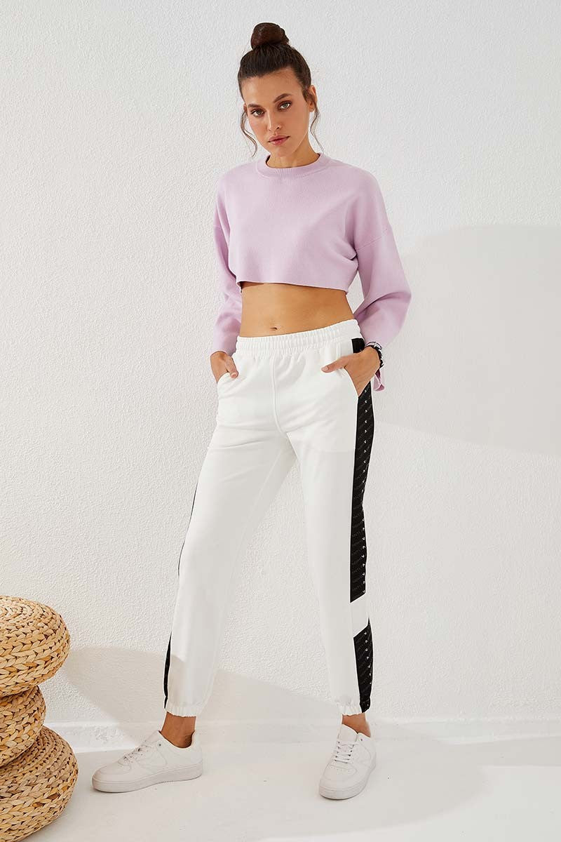 TMY Ecru Dotted Stripe Detailed Jogger Comfort Fit Elastic Cuff Women's Sweatpants - 94579 - Gießen