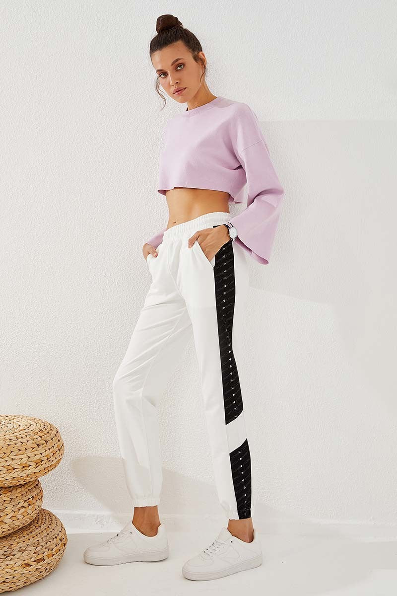 TMY Ecru Dotted Stripe Detailed Jogger Comfort Fit Elastic Cuff Women's Sweatpants - 94579 - Gießen